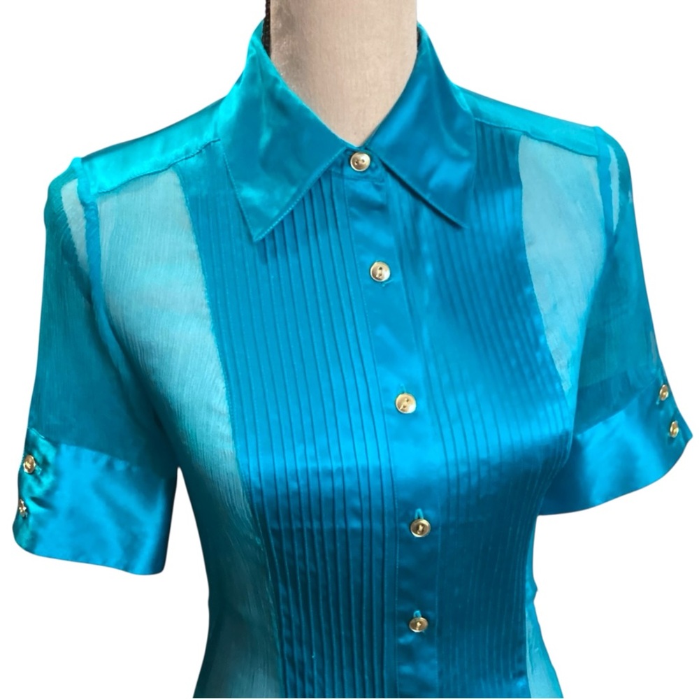 Marciano 100% Silk Sheer Panel Ocean Blue Short Sleeve Blouse, Size XS Y2K 90s - Picture 2 of 11